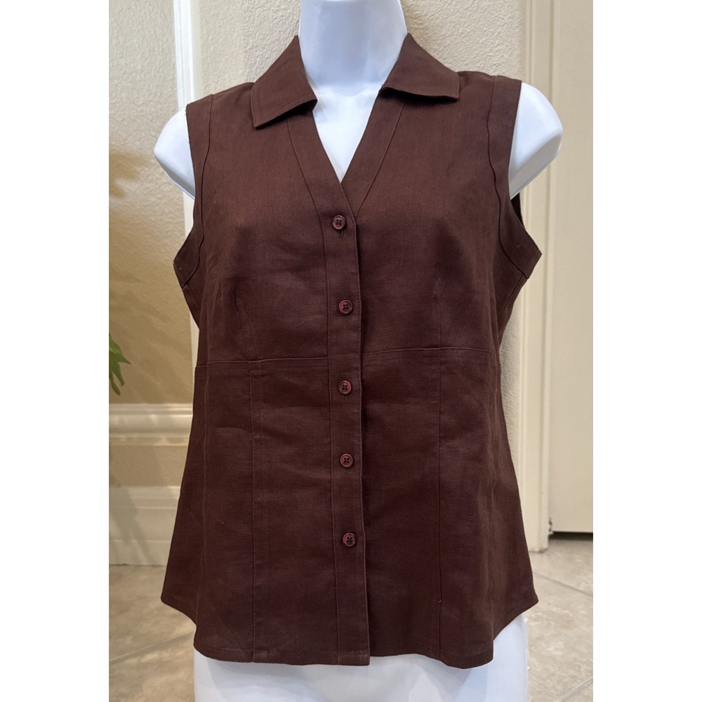 Style & Co 100% Linen Vest Sleeveless Button Up Brown Size 4 Career Casual Prep
